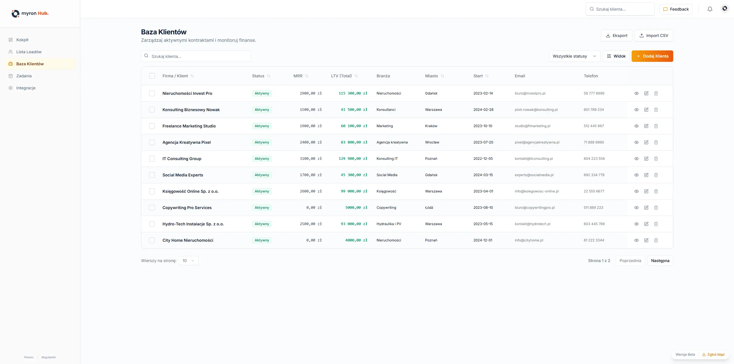 Lista Klientów w myron Hub