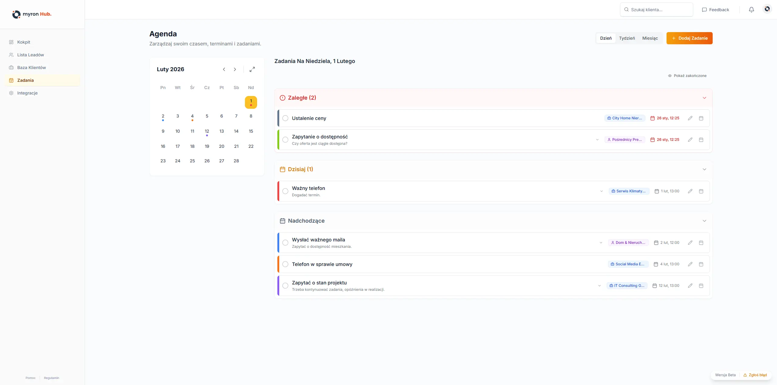 Biurko Zadań i Projektów w myron Hub